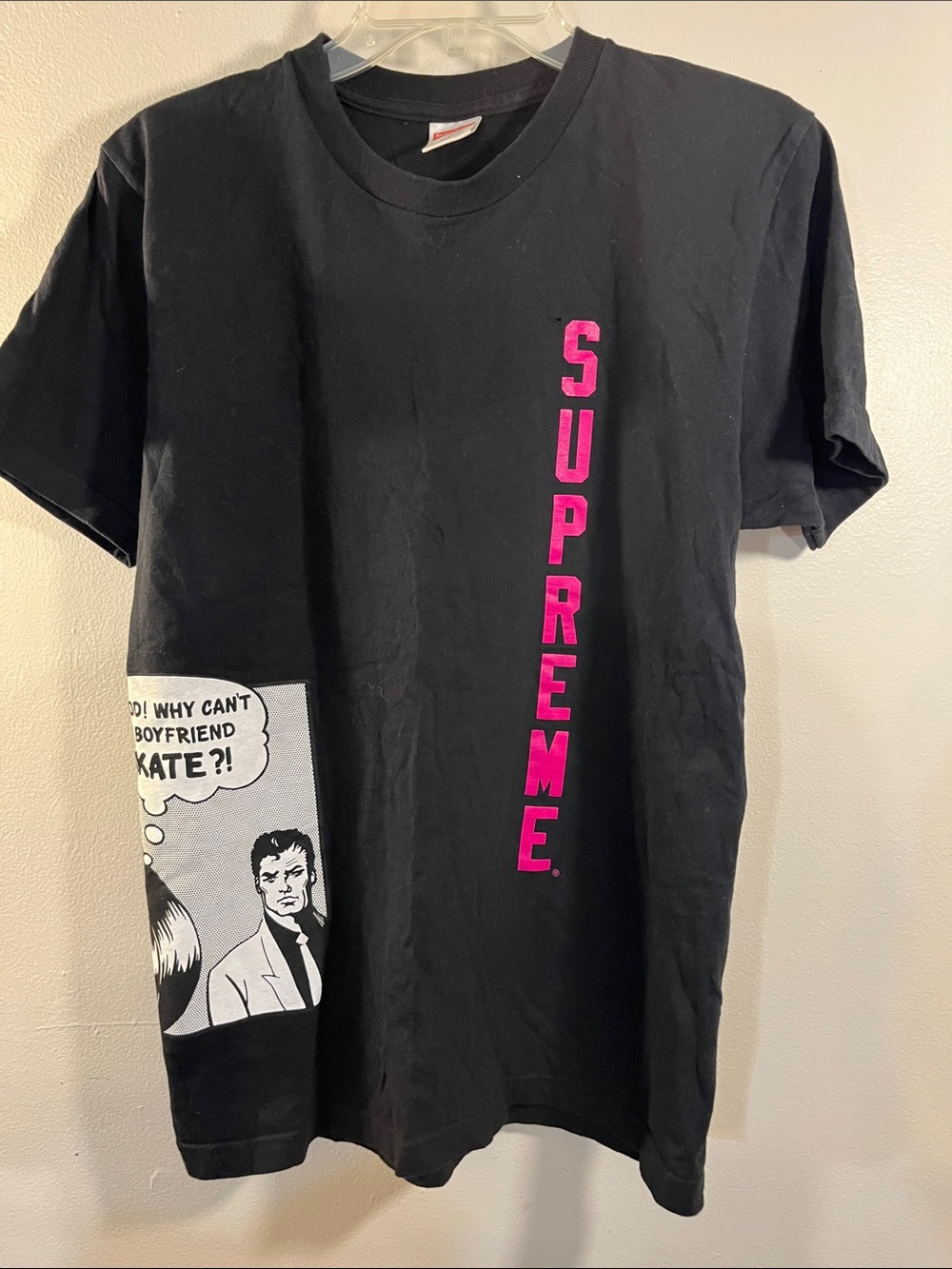 Supreme Black Tee with Hot Pink Vertical Logo and Comic Panel